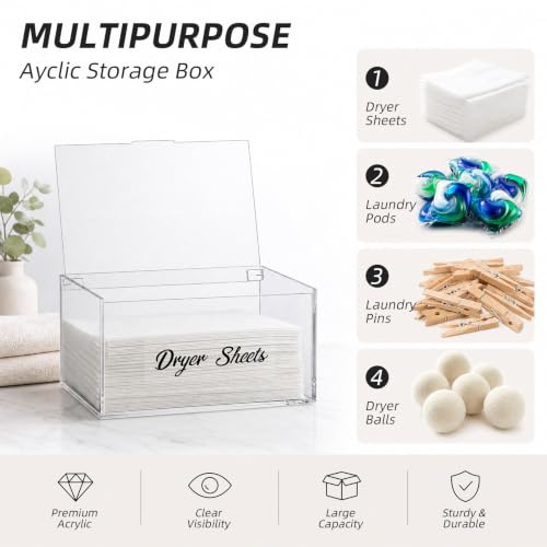 Acrylic Dryer Sheet Holder Dispenser Container,Bonus Black Labels Included | Clear Fabric Sheet Holder Box for Bathroom,Laundry Room Storage Organization and Decor