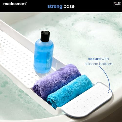 madesmart Expandable Bath Tray, White | adjustable tub fit, drainage holes, soft grip sides, soap razors toys, bathtub caddy, woman owned