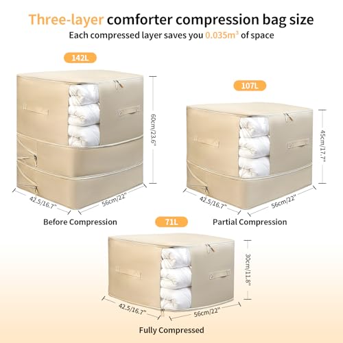 2 Pack Space Saving Comforter Storage Bag with Handle, 3-Layer Compression Blanket Storage Bags Adjustable In 3 Sizes (142L, 107L, 71L), Washable Bedding Organizer For Pillow Duvet Clothing Plush Toy