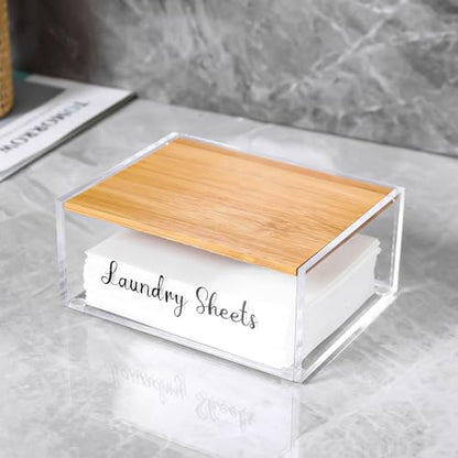 Acrylic Laundry Detergent Sheets Holder with Bamboo Lid, Laundry Soap Sheets Container Box Dispenser for Laundry Room