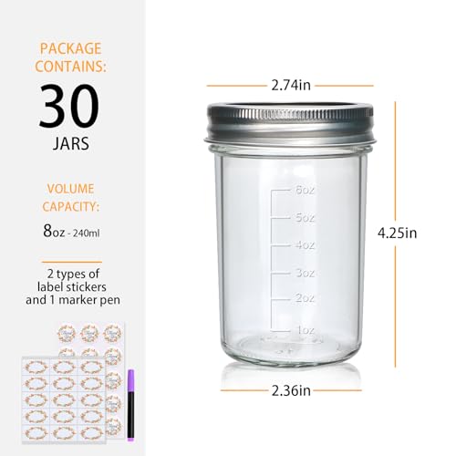 30 Pack 8 oz Mason Jars with Lids, Half Pint Canni... (Clear | Glass)