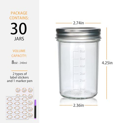 30 Pack 8 oz Mason Jars with Lids, Half Pint Canni... (Clear | Glass)