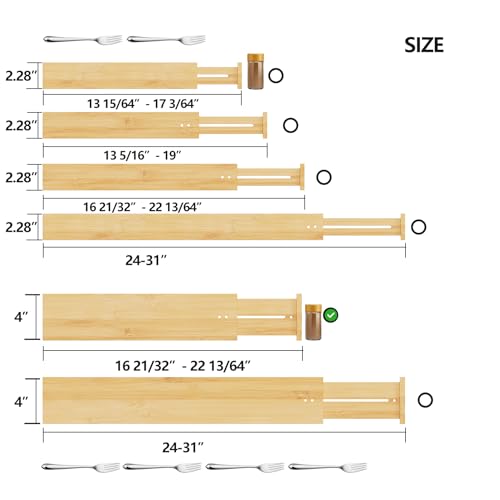 BAMEOS Bamboo Expandable Drawer Dividers – Fits 16.65"–22" Drawers, 4" Extra Deep Walls, Set of 4 | Maximum-Height Spring-Loaded Organizer for Deep Kitchen, Bathroom & Dresser Drawers