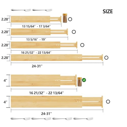 BAMEOS Bamboo Expandable Drawer Dividers – Fits 16.65"–22" Drawers, 4" Extra Deep Walls, Set of 4 | Maximum-Height Spring-Loaded Organizer for Deep Kitchen, Bathroom & Dresser Drawers