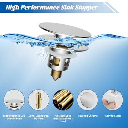 Hibbent All Metal 2 in 1 Bathroom Sink Stopper, Universal Pop Up Drain Strainer, Brass Bullet Core Push Type Sink Stopper for 1.1''~2.3'' Basin, Big Push Button, Anti Clogging Drain Filter, Chrome