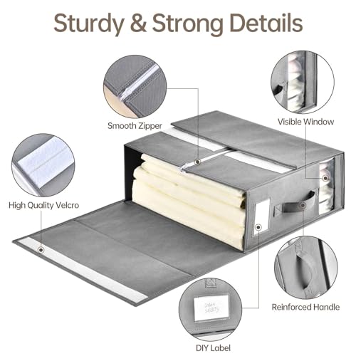 8 Pack Sheet Organizers and Storage, Bed Sheet Organizer with Window | Foldable Sheet Storage with Handle, linen closet organizers and storage, Queen & King Size, Sheet Set Organizer, Beige