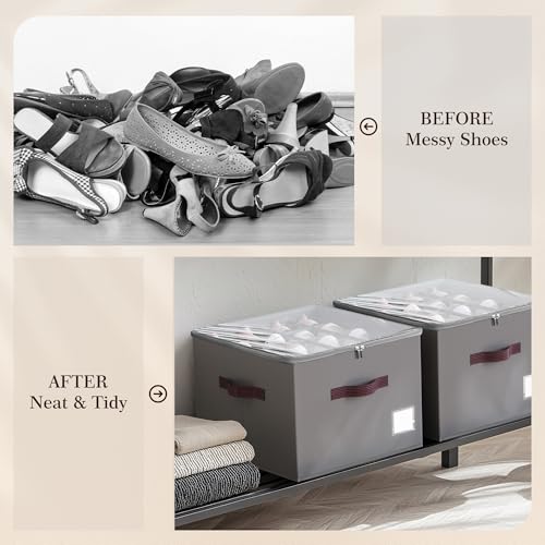 Shoe Organizer for Closet, 2 Pack Shoe Organizer with Transparent Cover and Sturdy Handles, Closet Shoe Storage for Sneakers Sandals Slippers, Fit 12-16 Pairs, Gray