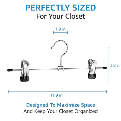 ZOBER Metal Pants Hangers with Clips - Pack of 20 Space Saving Skirt Hangers for Women - Chrome, Non-Slip, Adjustable Clips, for Pants, Skirts, Jeans Closet Organization, College Dorm Essentials