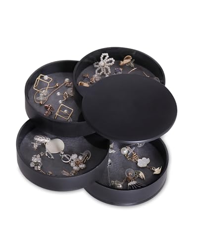 CONBOLA Jewelry Organizer, Small Jewelry Storage Box Earring Holder for Women, 5-Layer Rotating Travel Jewelry Tray Case with Lid for Bracelets Rings Bracelets(Black)