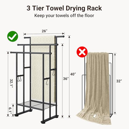 3 Tier Freestanding Towel Rack with Shelf, 40" H Towel Stand, Black | Metal Drying Rack for Oversized Bath Towels & Blankets, 4 Hooks, Indoor & Outdoor Use, Fits Bathroom, Tub, Shower, Poolside
