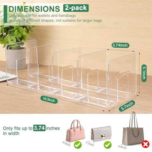 2 Pack Acrylic Purse Organizer for Closet, 8-Slot Bag & Purse Organizer, No Assembly, Clear Handbag Storage Shelf .for Shelf Divider Handbags, Clothes, Sweater