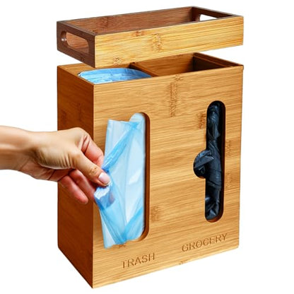 Under Sink Organizer for Kitchen Cabinet - Bamboo Trash Bag Dispenser & Bag Holder – Pantry Organizer & Garbage Roll Holder for Cleaning Supplies, Apartment Essentials & Home Organization