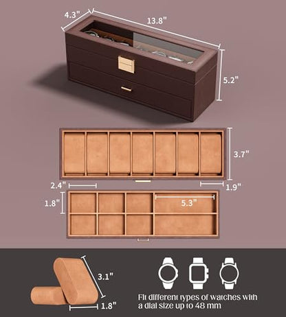 Watch Cases Box for Men 7 Slots Display Case with Jewelry Bottom | Watches Storage Organizer 2 Layer Pu Leather Collection Holder Gift for Dad Husband with Real Glass Lid Brown