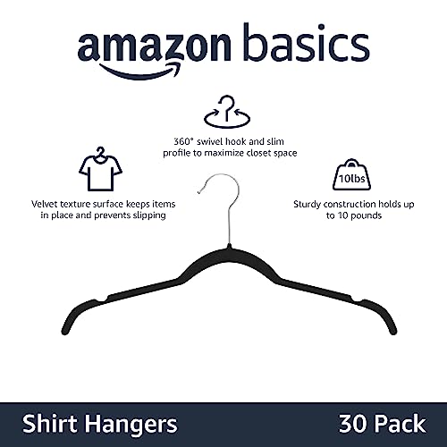 Amazon Basics Space-Saving Slim Velvet Non-Slip Clothes Hangers for Closet Organization with Shoulder Notches, Black/Silver, 30-Pack