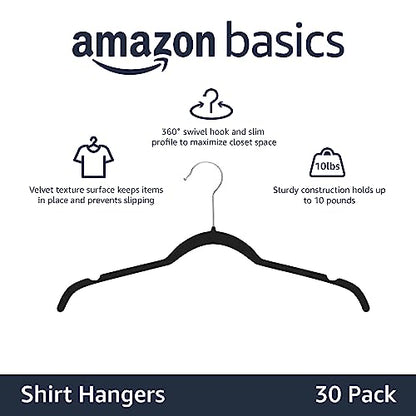 Amazon Basics Space-Saving Slim Velvet Non-Slip Clothes Hangers for Closet Organization with Shoulder Notches, Black/Silver, 30-Pack