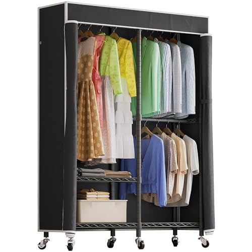 Higeego H9 Garment Rack with Cover, Heavy Duty Clothing Rack for Hanging Clothes, Portable Closet with wheels, Wardrobe Closet with Adjustable Shelves, Black Rack Shelf with Black Fabric Cover