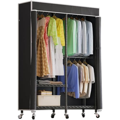 Higeego H9 Garment Rack with Cover, Heavy Duty Clothing Rack for Hanging Clothes, Portable Closet with wheels, Wardrobe Closet with Adjustable Shelves, Black Rack Shelf with Black Fabric Cover