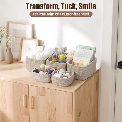 5-Pack Small Woven Rope Storage Baskets, 2 Sizes Organizer Bins | Fabric Cube Boxes and Rectangular Shallow Bins for Closet, Shelf, Bookshelf, Nursery, Changing Table, Bathroom, Toys & Home