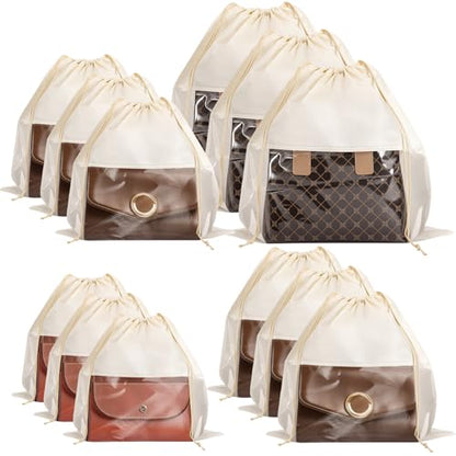 12 PCS Dust Bags for Handbags, Drawstring Bags, Beige, 4 Size | Dustproof Breathable Non Woven Fabric Cloth Pouch Bag, Purses Organizers Storage Bags for Handbags Shoes Purses