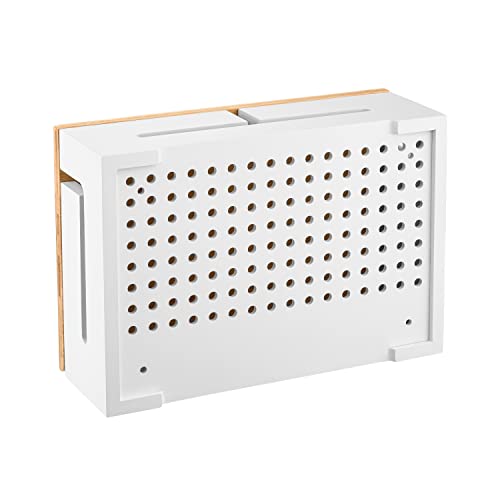 Bamboo Cable Management Box with Magnetic Lid - 12,6x7,8x4.3 in - Durable Cable Organizer to Hide Cords & Power Strip - Wall Mountable - Including Hardware - for Home, Office, Desk & More (White)