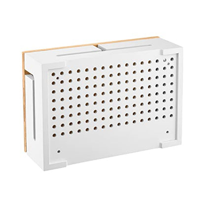 Bamboo Cable Management Box with Magnetic Lid - 12,6x7,8x4.3 in - Durable Cable Organizer to Hide Cords & Power Strip - Wall Mountable - Including Hardware - for Home, Office, Desk & More (White)