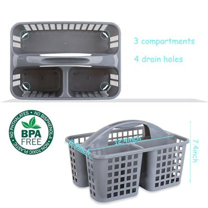 Portable Shower Caddy Basket Plastic Storage Basket with Compartments Grey | Sturdy Large Capacity Cleaning Supplies Organizer Divided Tool Bin for Bathroom Kitchen Bedroom College Dorm Essentials