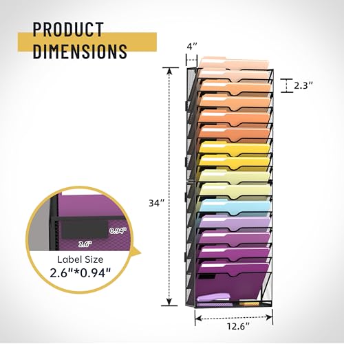 16-Tier Hanging Wall File Holder Organizer for Papers, Folders, Files Clipboard & Magazine Organization Great for Office Home, Assembly Needed, Black | Paper, Folder, Magazine Rack Great for Office Home School, Assembly Needed, Black