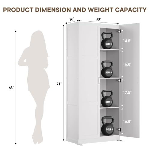 DUMOS Tall Storage Cabinet with Doors and Shelves, Kitchen Pantry Cabinet | 71'' Wood Storage Freestanding Wooden Cabinets for Bedroom, Pantry, Home Office, Dining Room & Living Room, White