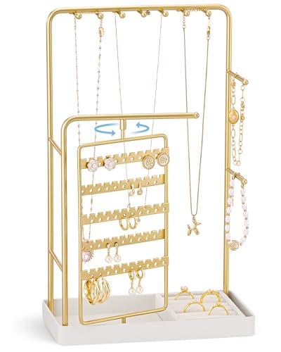 ProCase Jewelry Stand Holder Organizer and Storage, Gold (No-Assembly) | Rotating Earring Bracelet Holder Storage, Hanging Jewelry Display Velvet Ring Tray, Teen Girls Birthday Gifts Room Dorm Decor