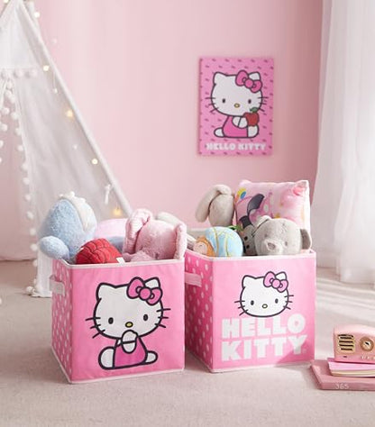 Hello Kitty Set of 2 Storage Cubes with Handles, Durable Foldable Fabric Organizer Bins for Bedroom, Closet, Nursery & Dorm, 10x10x10 Inch Cube Storage Baskets for Toys, Clothes & Shelves
