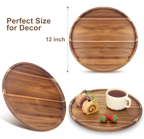 Acacia Round Wood Serving Tray for Ottoman Coffee Dining Table Decorations | Large Wooden Decorative Tray Kitchen Counter Island Home Decor Circle Candle Holder Trays Living Room Centerpiece Accessories