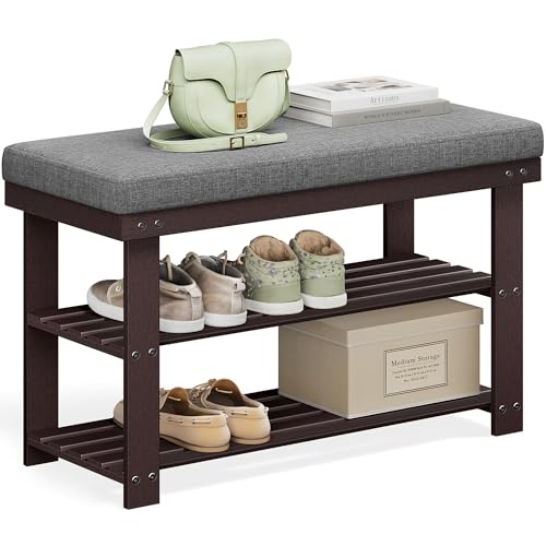 Bamboo Shoe Bench, 3-Tier Shoe Rack Organizer for... (Bamboo, Modern)