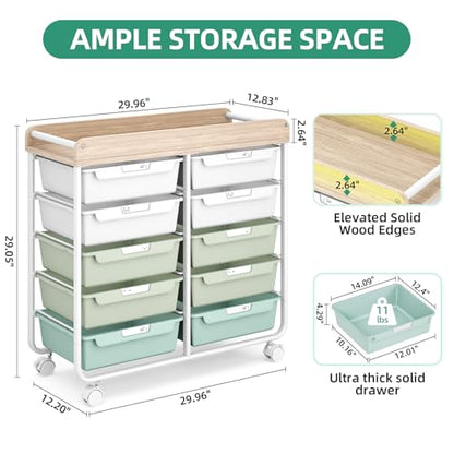10 Drawer Rolling Storage Cart with Wood Top for Classroom Crafts Green | Easy Setup, Large Capacity, Sturdy Build, Lockable Mobility, For office, classroom and home supplies