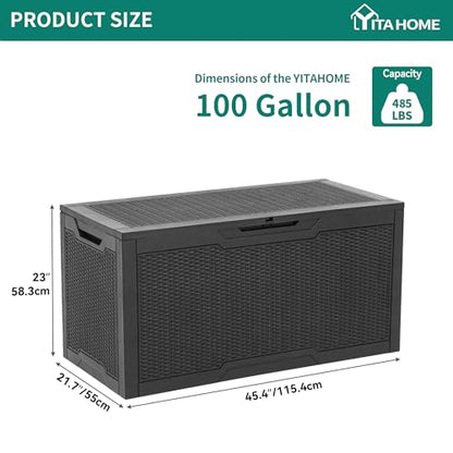 YITAHOME 100 Gallon Resin Deck Box | Weather Resistant Outdoor Storage Box, Lockable Indoor Outdoor Storage for Supplies and Essentials, Black