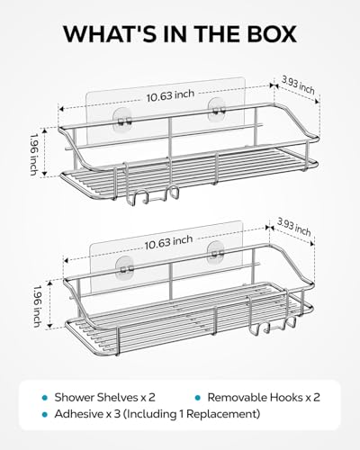Nieifi Shower Caddy Adhesive, Shower Shelves, Shampoo Holder for Bathroom | Stainless steel, 2 pack, shower rack, shower organization, with hooks, rustproof, no drilling, razor holder, silver
