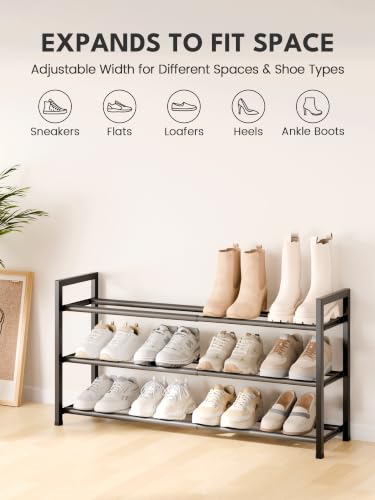 Bumusty 3 Tier Expandable Shoe Rack for Closet, Black | 18"-33" Adjustable Shoe Rack for Entryway, Small Shoe Organizer for Dorm, Front Door, Sturdy Metal