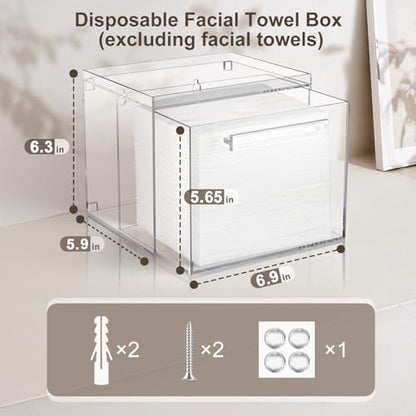 Acrylic Disposable Facial Towels Holder, Wall-Mounted, Clear | Premium Thicken Acrylic | Compatible with Clean Skin Club Towel XL | Skin Care Organizer with Drawer | Bathroom Vanity