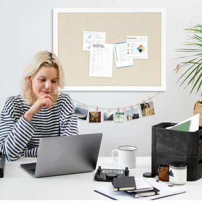 DOLLAR BOSS Double-Sided Bulletin Boards with Linen, 24"x18" Cork Board | Corkboards for Walls, Framed Pin Board, Picture Display Vision Board, For Office Home School, 20 Pushpins 10 Clips
