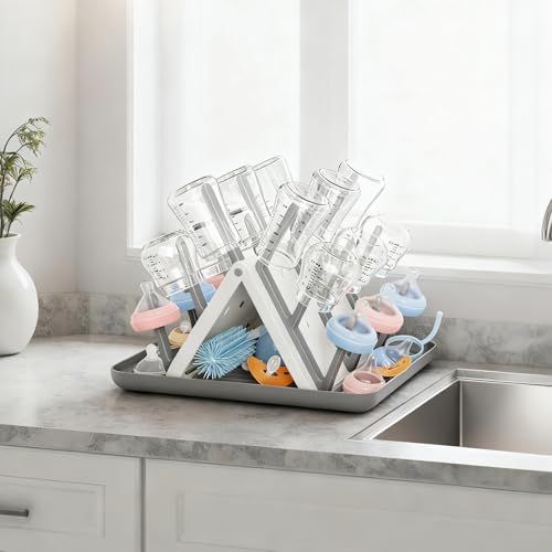 Large Baby Bottle Drying Rack, Space Saving Countertop Holder Organizer | 18 Hooks Slope, Travel Bottle Dryer, Removable Drip Tray for Bottles, Baby Brushes Pacifiers & Pump Part-BPA Free