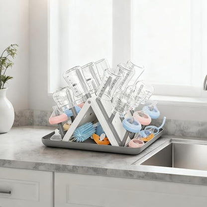 Large Baby Bottle Drying Rack, Space Saving Countertop Holder Organizer | 18 Hooks Slope, Travel Bottle Dryer, Removable Drip Tray for Bottles, Baby Brushes Pacifiers & Pump Part-BPA Free