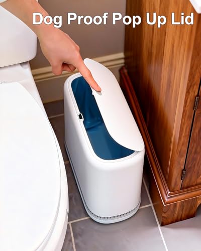 2.3 Gallon Slim Small Bathroom Trash Can with Lid, White Dog Proof Garbage Can with Air-Press Bag Expander & Removable Bucket, Narrow Bathroom Waste Basket for Bedroom, Office, Dorm