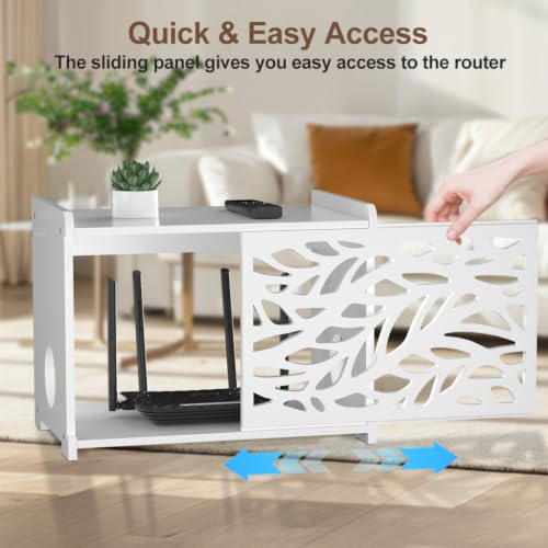 Router Box Hider & Projector Shelf -Decorative WiFi Router Storage Cabinet | Ventilation Cable Management Box Modem & Power Strip Hider Rack Leaf Pattern Cutout, Fits Routers Up to 9.84" Tall (White）