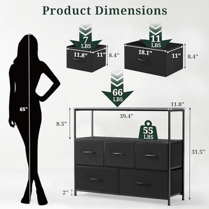 TV Stand dresser, 5 Drawers, Entertainment Center for TV up to 45 inch | Open Shelf, Storage Drawers, Media Console Table for Living Room, Bedroom, Small Space, Black