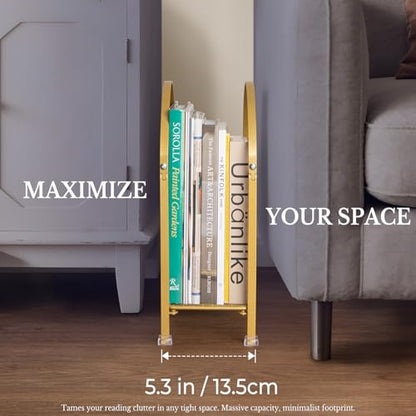 Freestanding Magazine Holder, Metal Magazine Rack Floor Stand | Modern Touch Handbag Design, for Magazine, Newspaper, Books, Vinyl Record (Gold)
