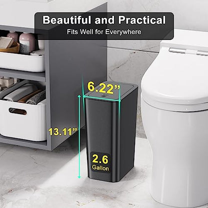 N. NETDOT 3 Pack 10 L/2.6 Gal Bathroom Trash Can with Lid, Small Kitchen Trash Bin with Press Type Lid, Black Trash Can/Slim Garbage Cans/Trash Bin/Waste Basket for Bathroom,Kitchen,Office,Bedroom