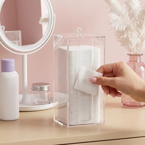 Acrylic Clean Pad Storage Box for Clean Skin Club, Cotton Pad Dispenser, Square Rounds Cotton Pad Holder (Pad Not Included) - Vertical with Lid
