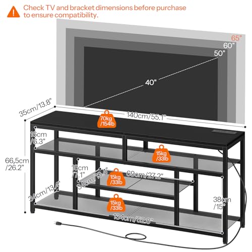 HOOBRO LED TV Stand with Charging Station, 4-Tier Entertainment Gaming Center, Modern Media Console Table, Open Shelves, 55.1"L x 13.8"W x 26.2"H, for TVs up to 65", for Living Room, Black BB47UDDS01