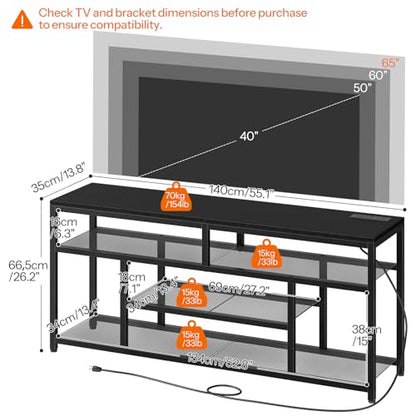 HOOBRO LED TV Stand with Charging Station, 4-Tier Entertainment Gaming Center, Modern Media Console Table, Open Shelves, 55.1"L x 13.8"W x 26.2"H, for TVs up to 65", for Living Room, Black BB47UDDS01