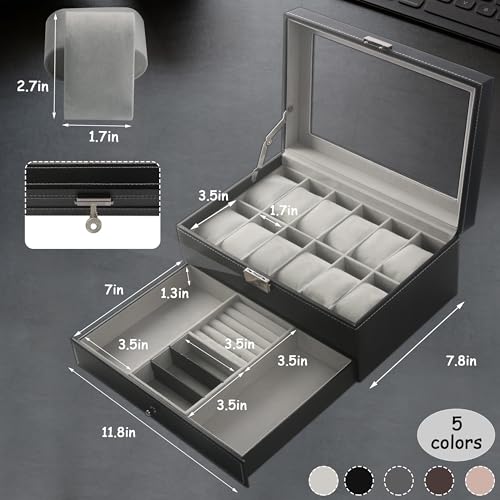 Ogrmar 12 Slot PU Leather Lockable Watch Storage Box for Men & Women Black | Watch Cases for Men & Women Jewelry Display Drawer Case, 2-tier Organizer Watch Showcase with Glass Lid