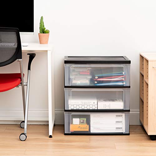 IRIS USA 3-Drawer Wide Storage Cart with Wheels, Organizer, Black | Store clothing, towels, office supplies, craft materials and household essentials with organized storage around your home